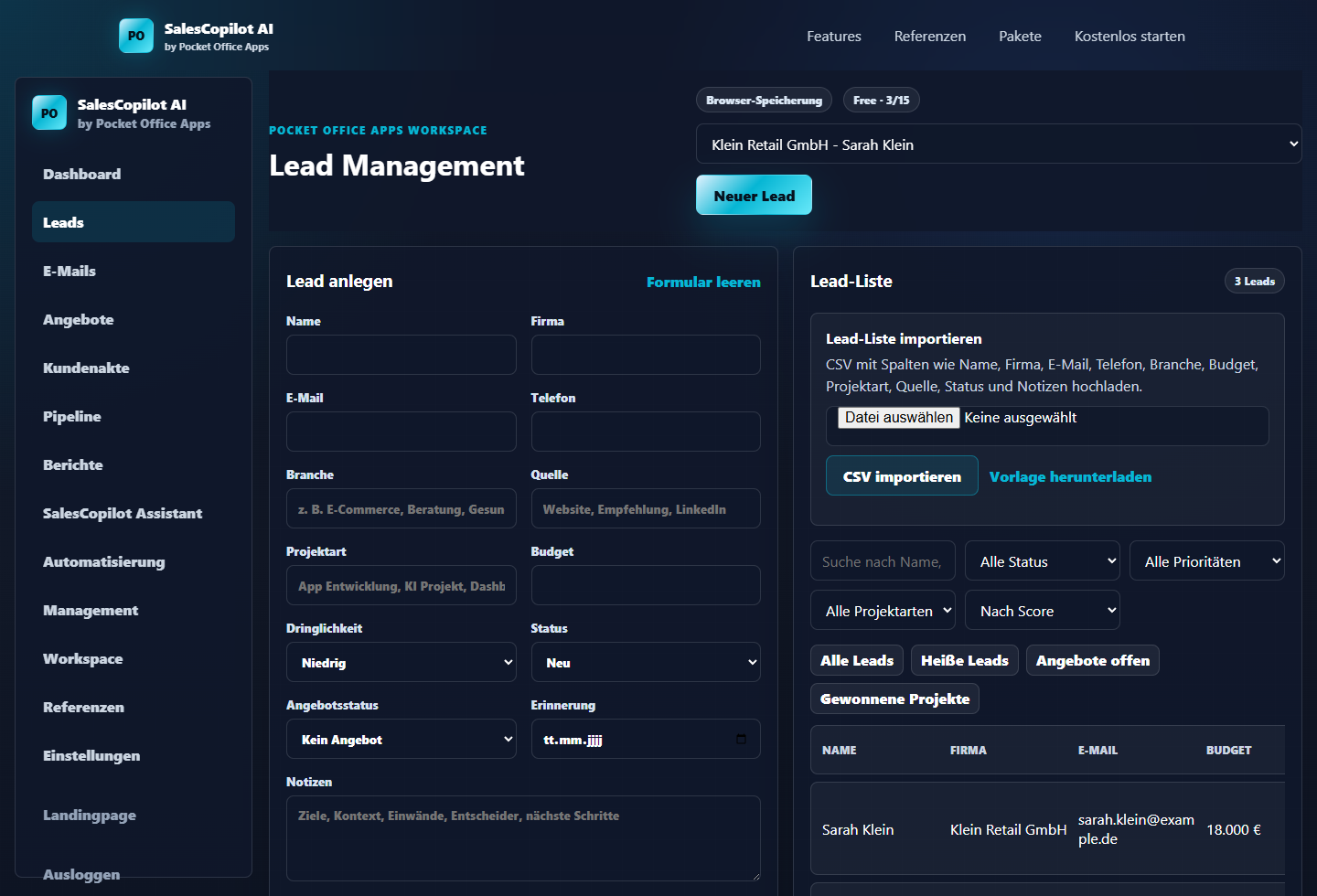 SalesCopilot AI Lead Management Screenshot